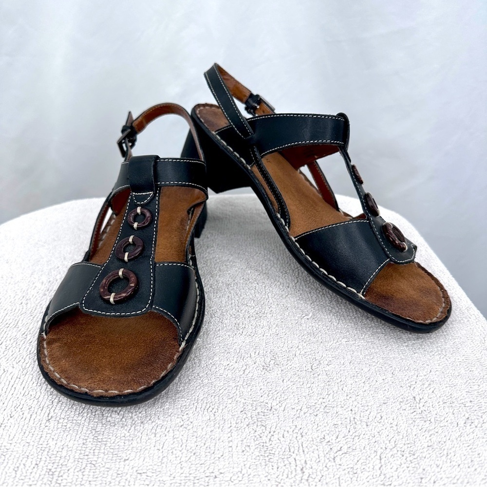 Naturalizer Gisela Leather Sandals 9.5M Black Adjustable Buckle Strap Wedge Heel